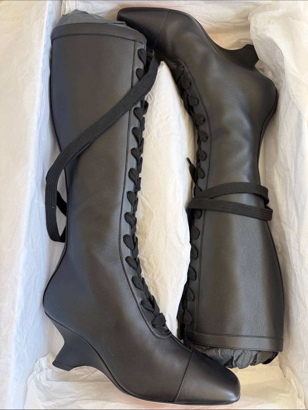 Dior Black Lace-Up Mid-Calf Boots with Low Heel